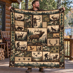 Hunter holding up the green timber bowhunter fleece blanket