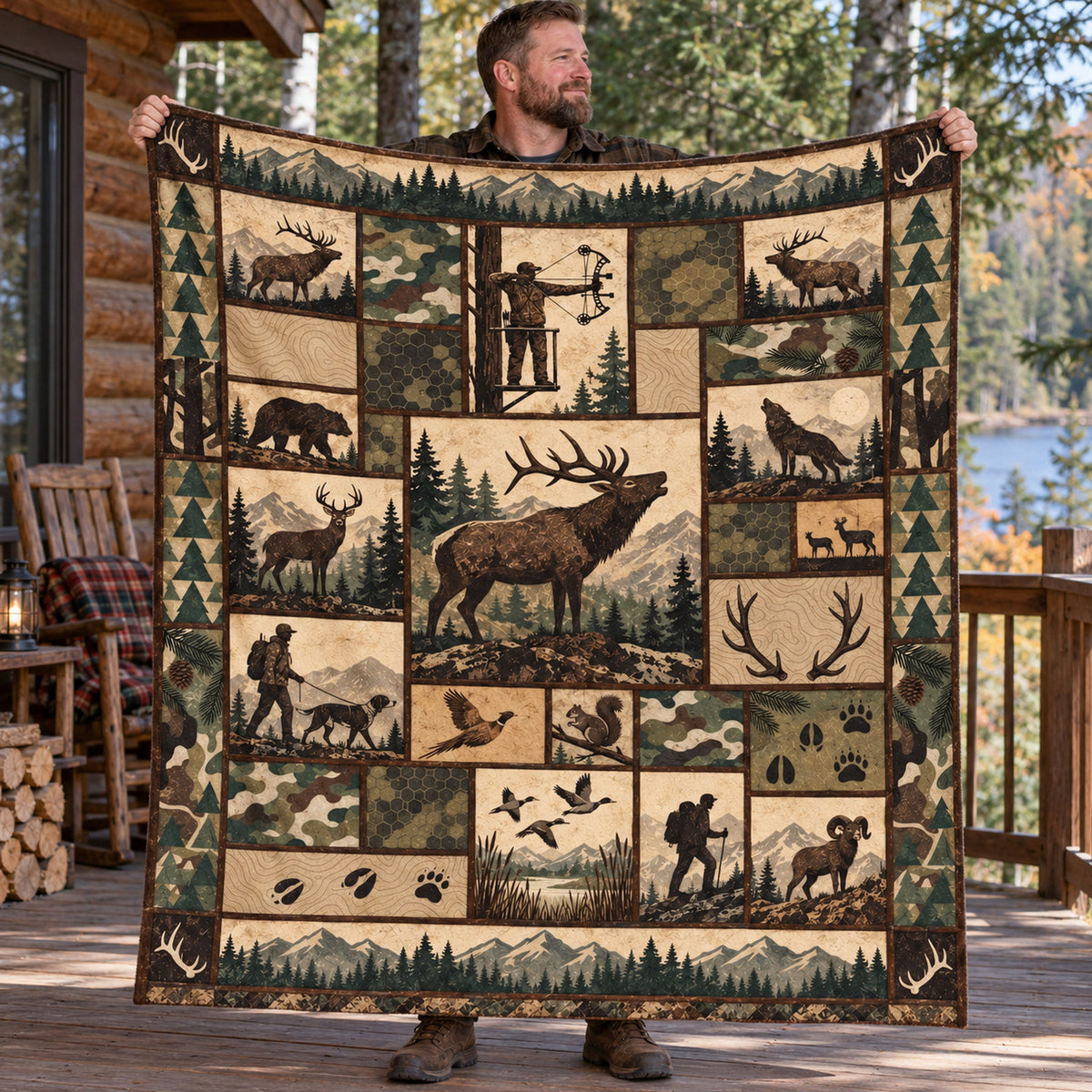 Hunter holding up the green timber bowhunter fleece blanket