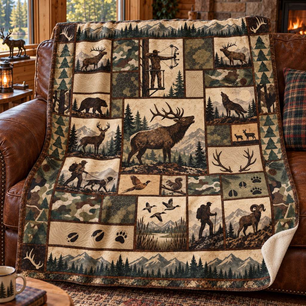 Green timber bowhunter quilt fleece blanket draped over a cabin couch