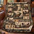 Green timber bowhunter quilt fleece blanket draped over a cabin couch