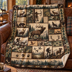 Green timber bowhunter quilt fleece blanket draped over a cabin couch