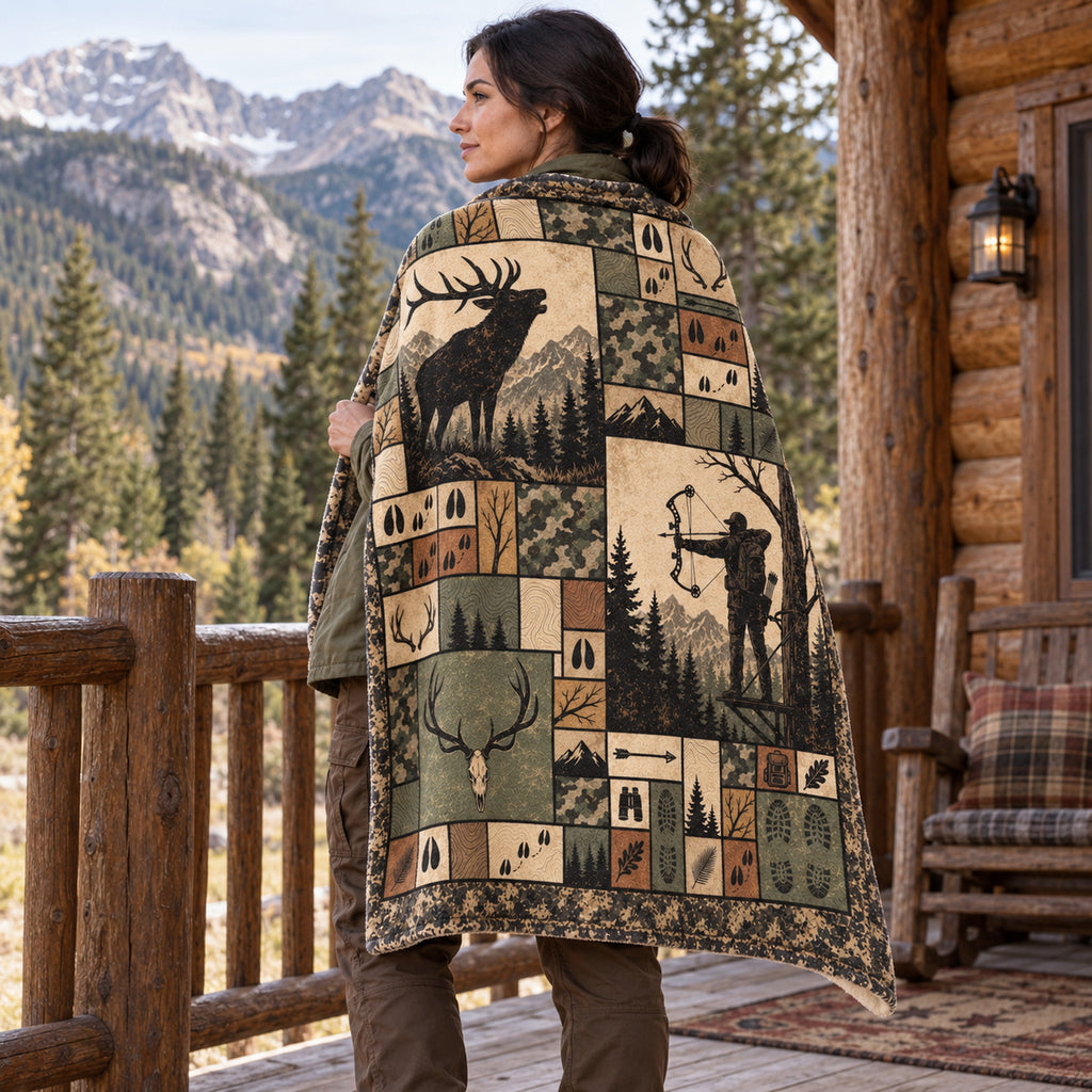 Blanket draped over the shoulders on a cabin porch