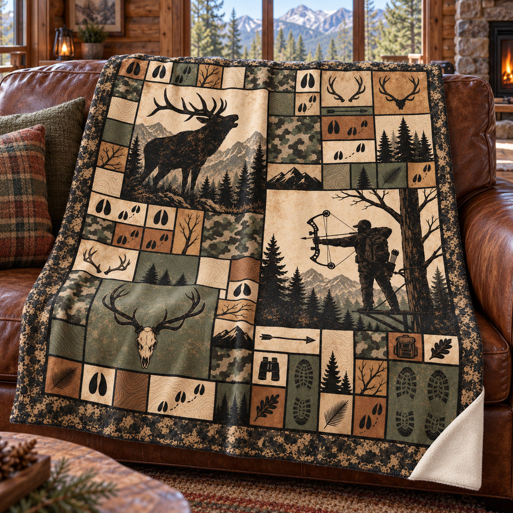 Shed antler and archer panel fleece blanket draped over a cabin couch