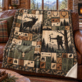 Shed antler and archer panel fleece blanket draped over a cabin couch