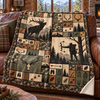 Shed antler and archer panel fleece blanket draped over a cabin couch