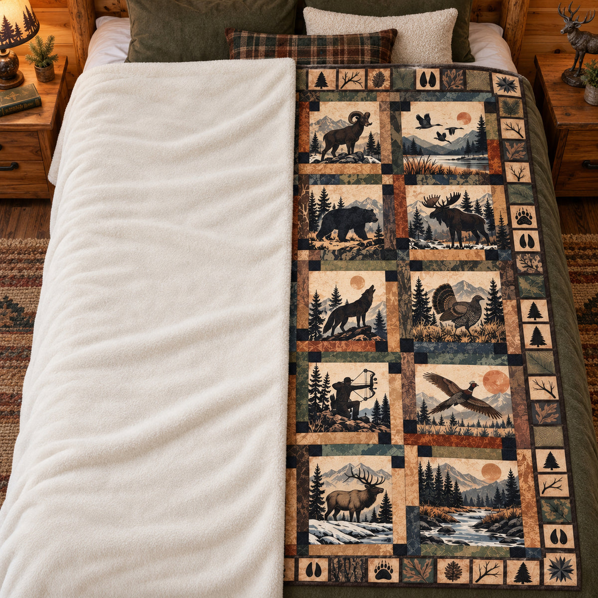 Blanket folded back on a bed, showing the sherpa lining