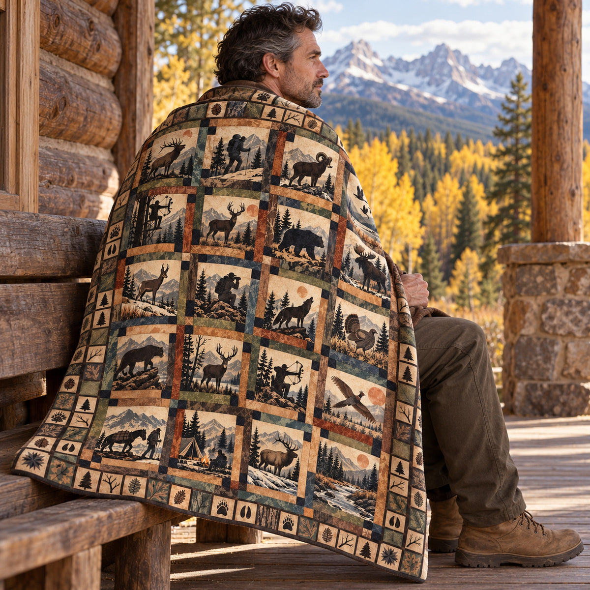 Blanket draped over the shoulders on a cabin porch