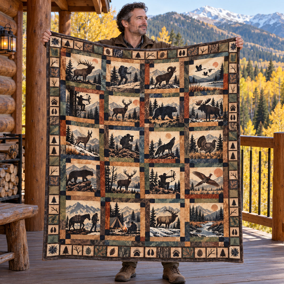Hunter holding up the rust grid big game fleece blanket