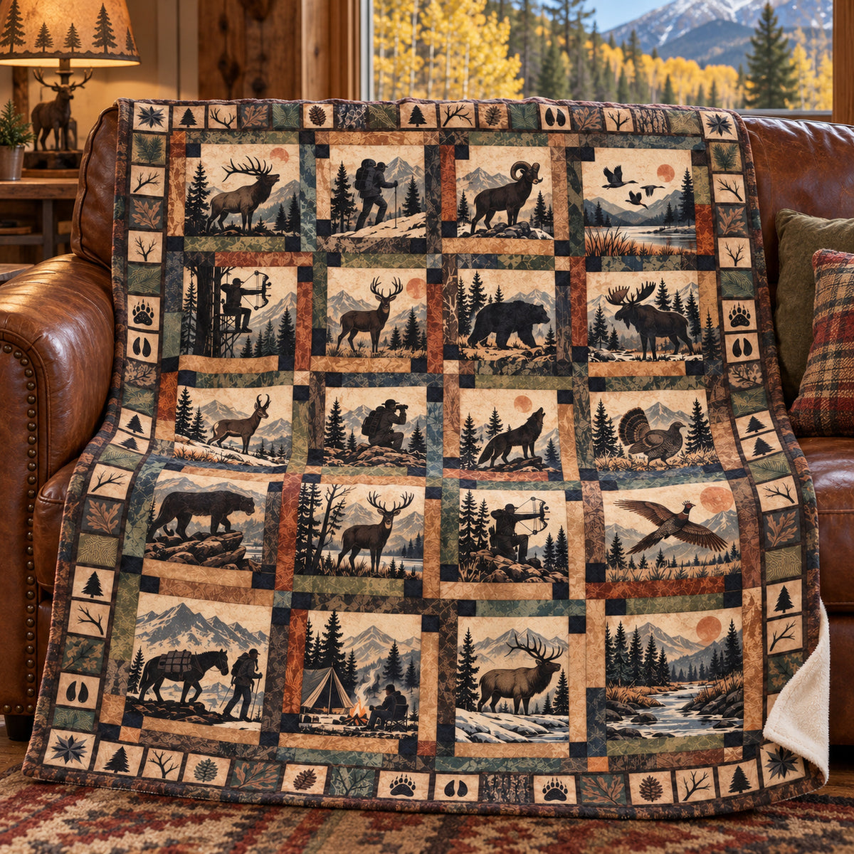 Rust grid big game camp fleece blanket draped over a cabin couch