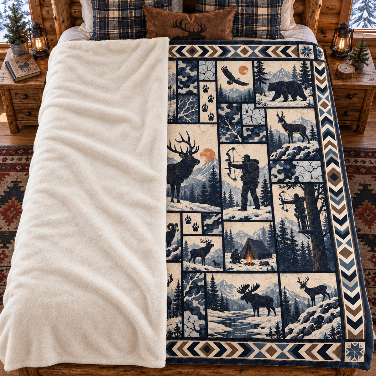 Blanket folded back on a bed, showing the sherpa lining