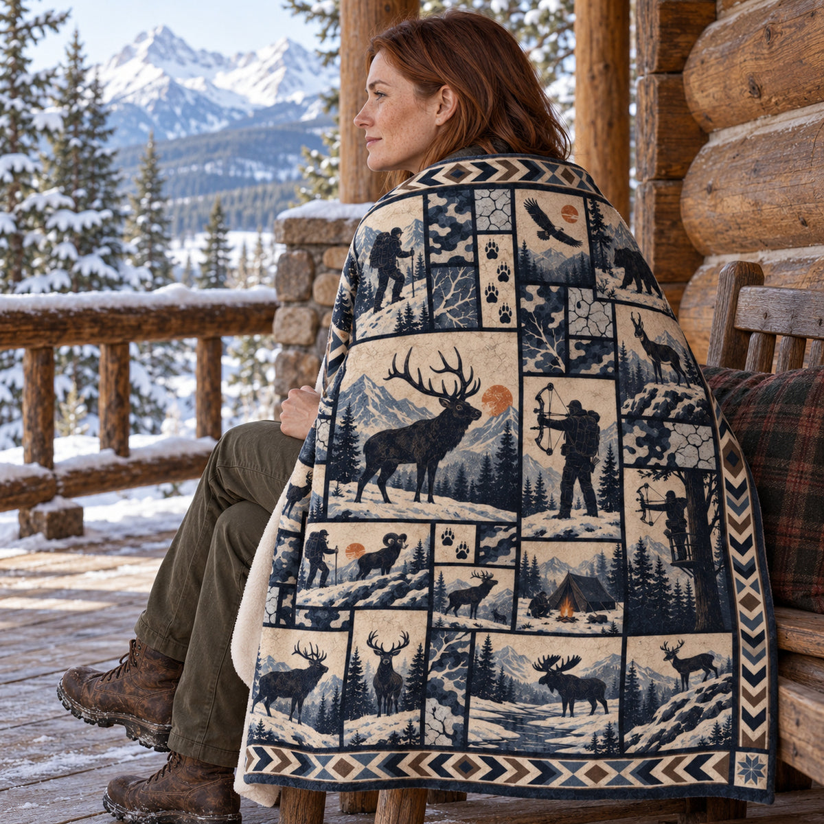 Blanket draped over the shoulders on a cabin porch