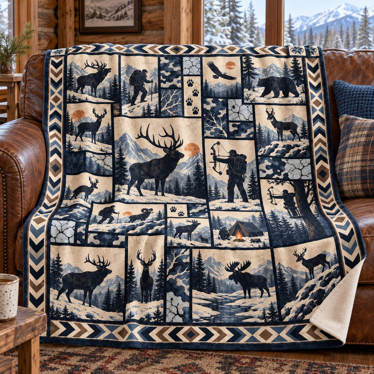 Indigo aztec border elk fleece blanket draped over a cabin couch