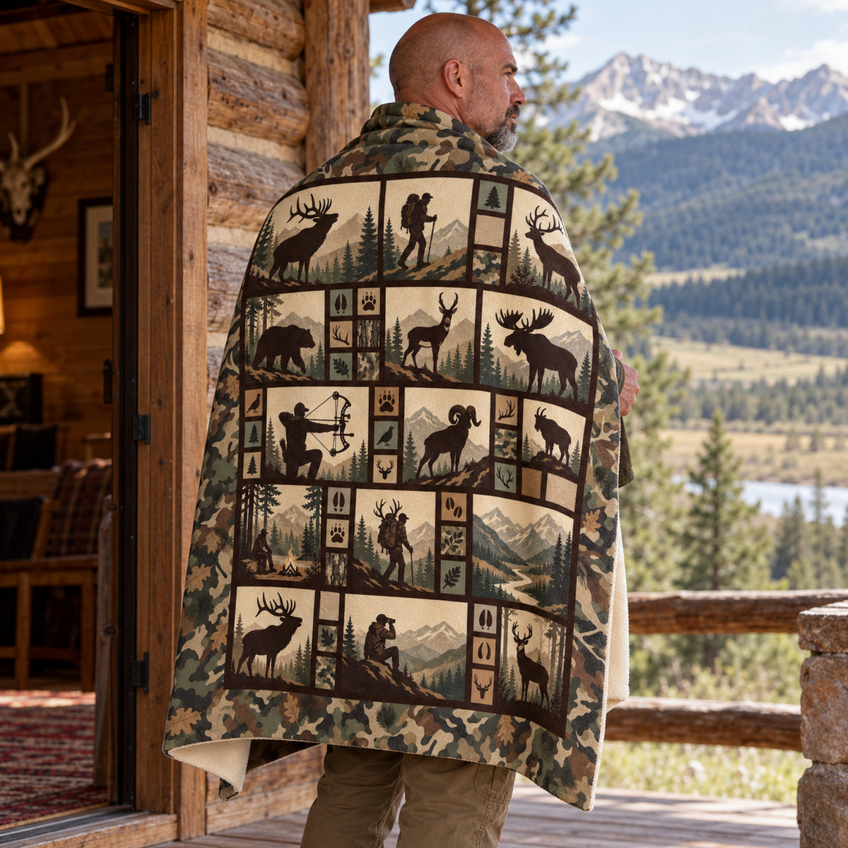 Blanket draped over the shoulders on a cabin porch
