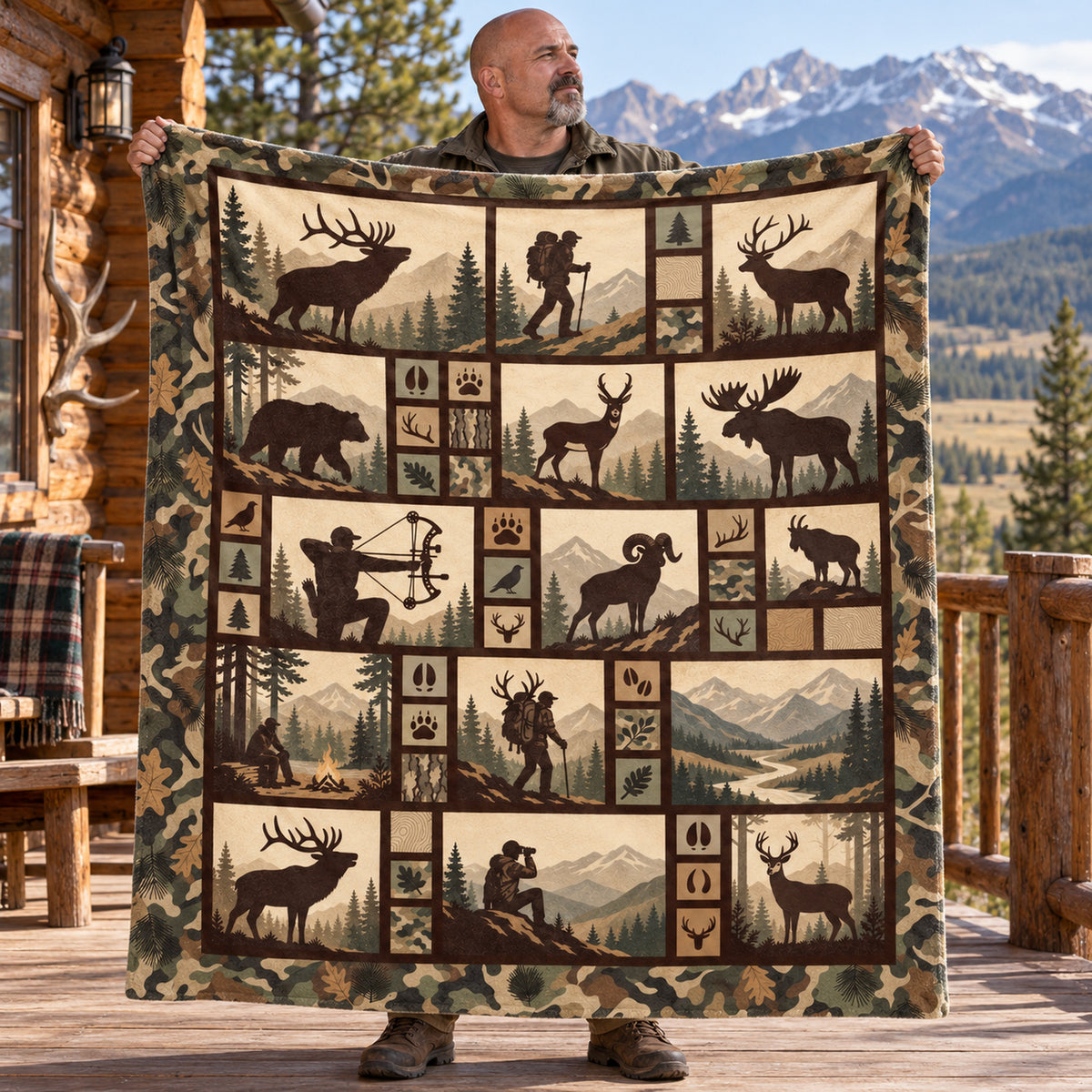 Hunter holding up the cream block backcountry game fleece blanket