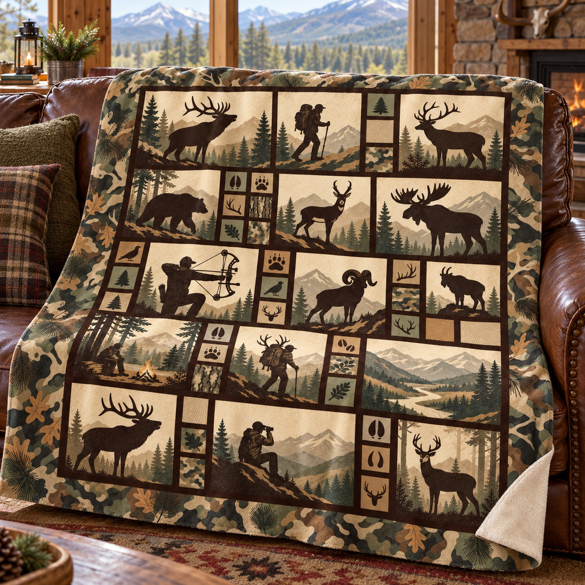 Cream block backcountry game fleece blanket draped over a cabin couch