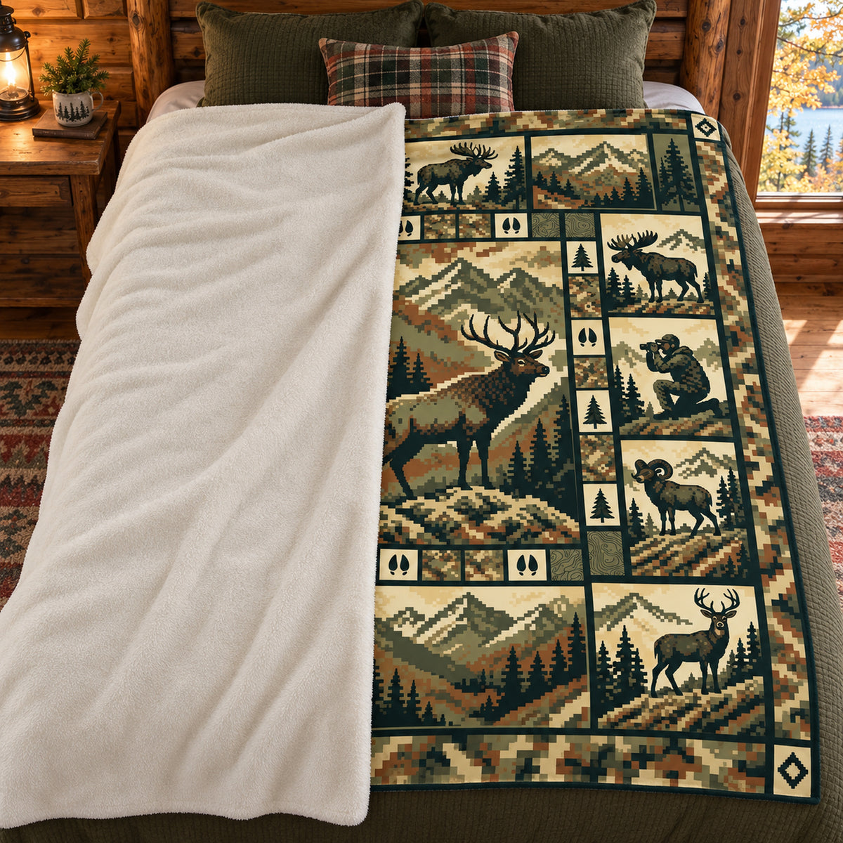 Blanket folded back on a bed, showing the sherpa lining