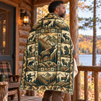 Blanket draped over the shoulders on a cabin porch