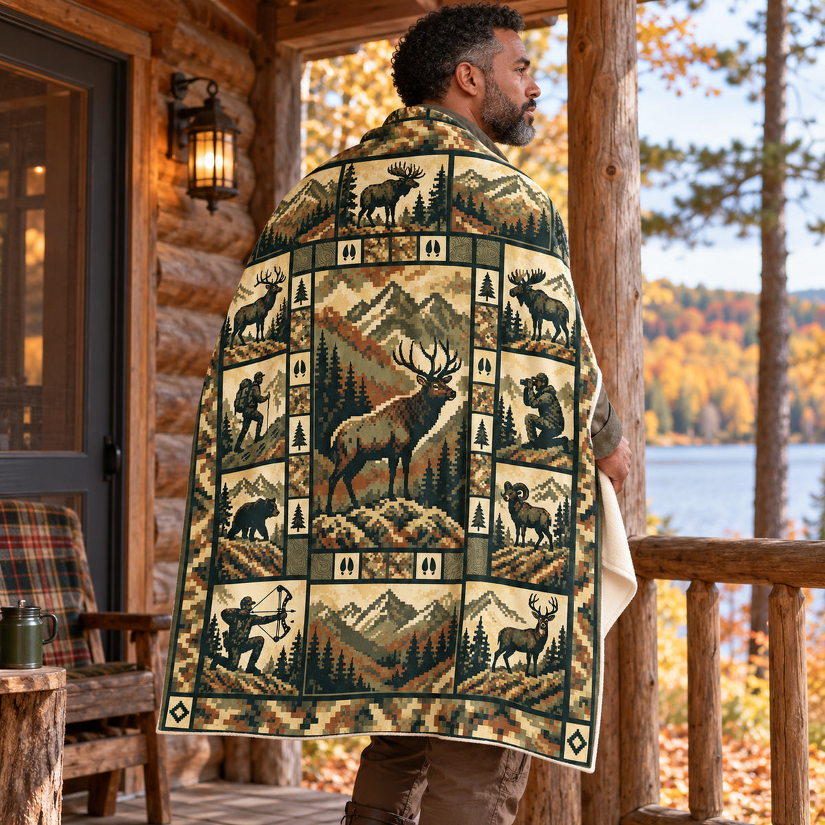 Blanket draped over the shoulders on a cabin porch