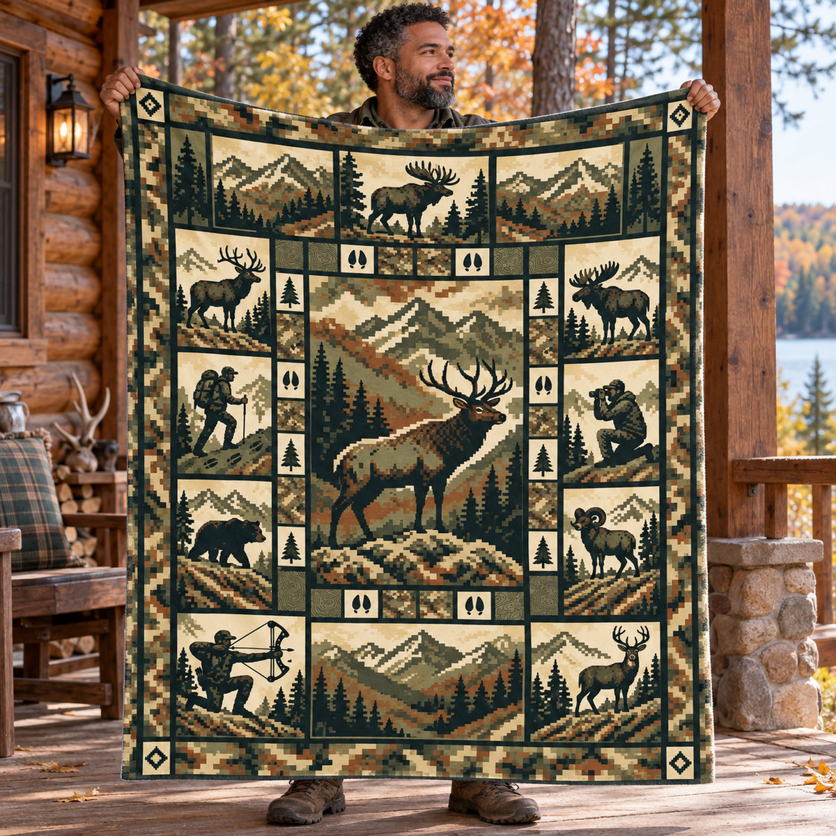 Hunter holding up the compass corner elk block fleece blanket