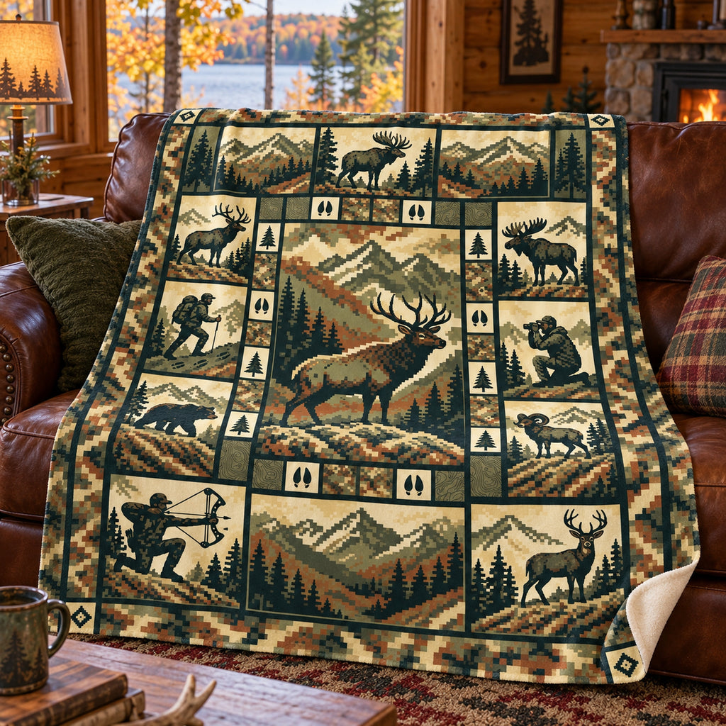 Compass corner elk block fleece blanket draped over a cabin couch
