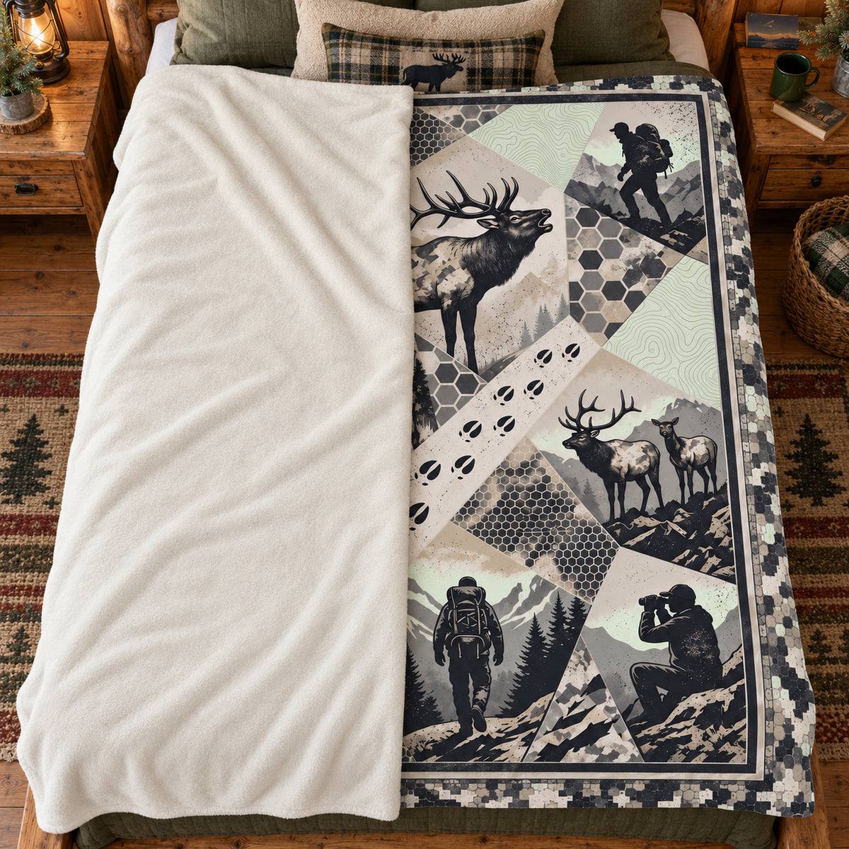 Blanket folded back on a bed, showing the sherpa lining