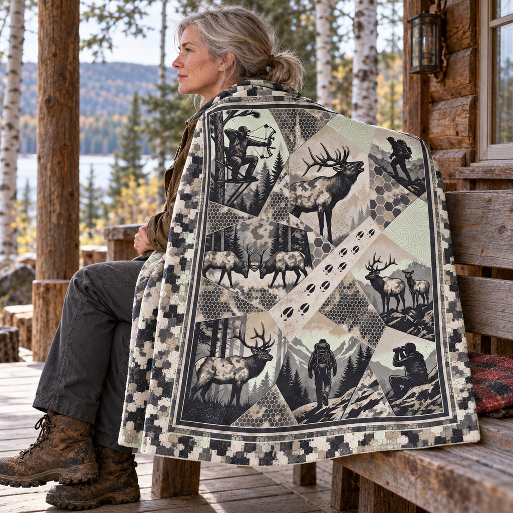 Blanket draped over the shoulders on a cabin porch