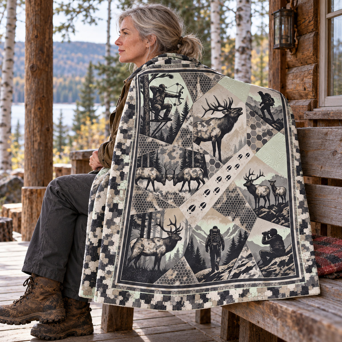 Blanket draped over the shoulders on a cabin porch