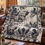 Greyscale elk herd patchwork fleece blanket draped over a cabin couch