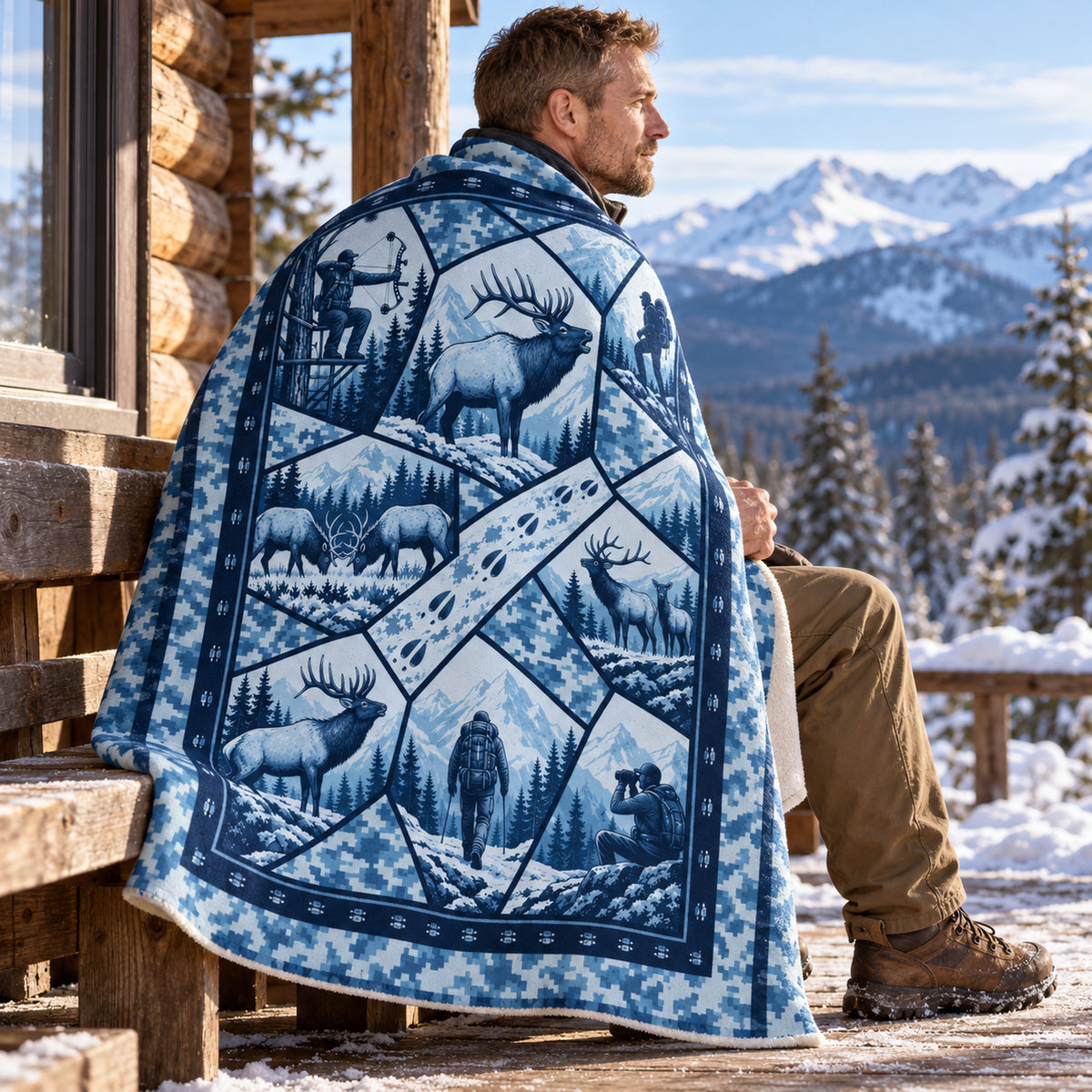 Blanket draped over the shoulders on a cabin porch