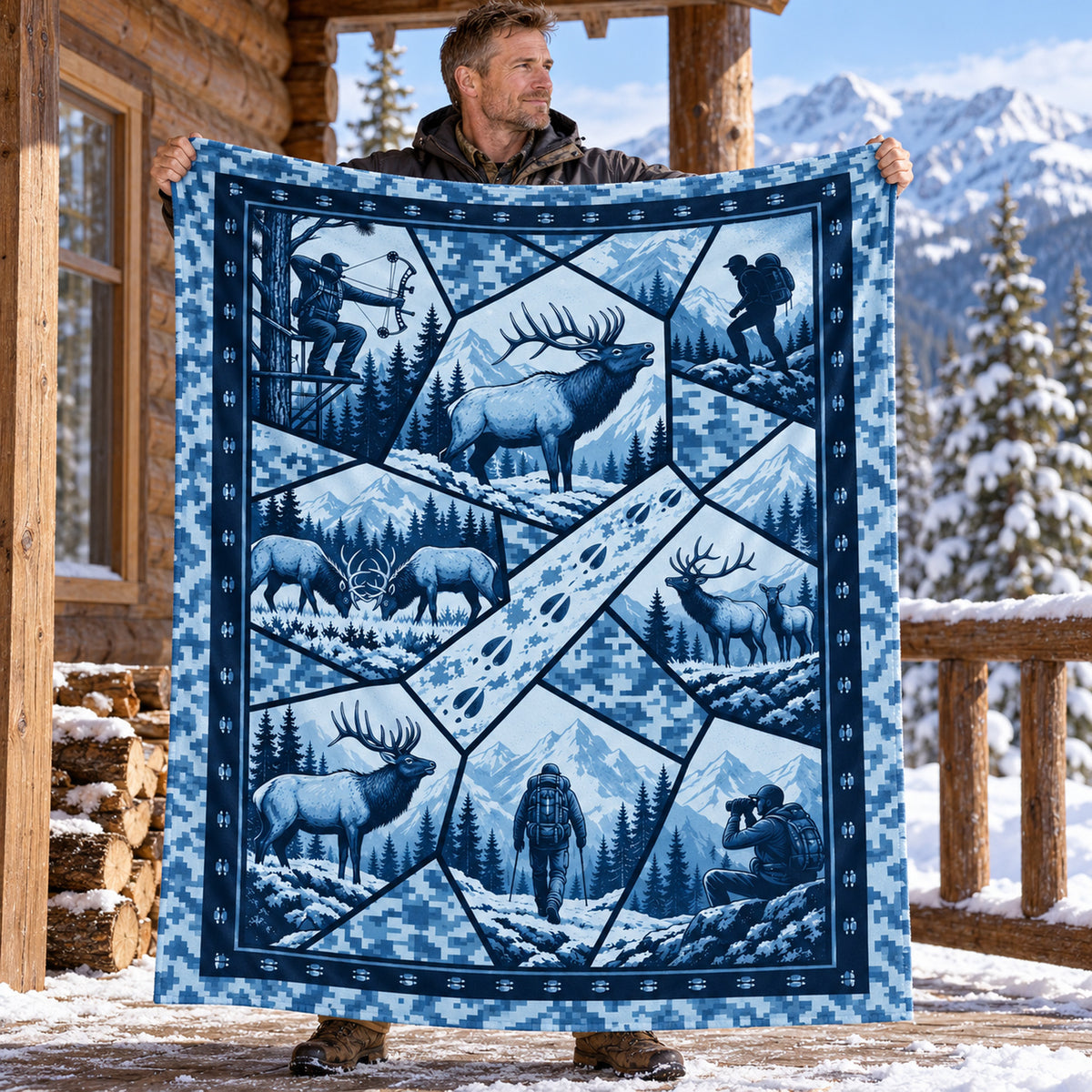 Hunter holding up the ice blue diamond elk fleece blanket