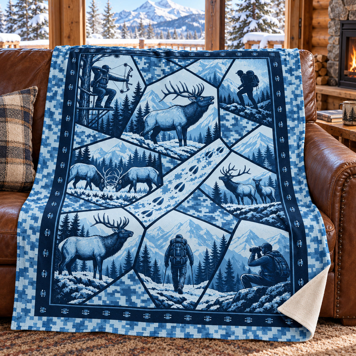 Ice blue diamond elk fleece blanket draped over a cabin couch