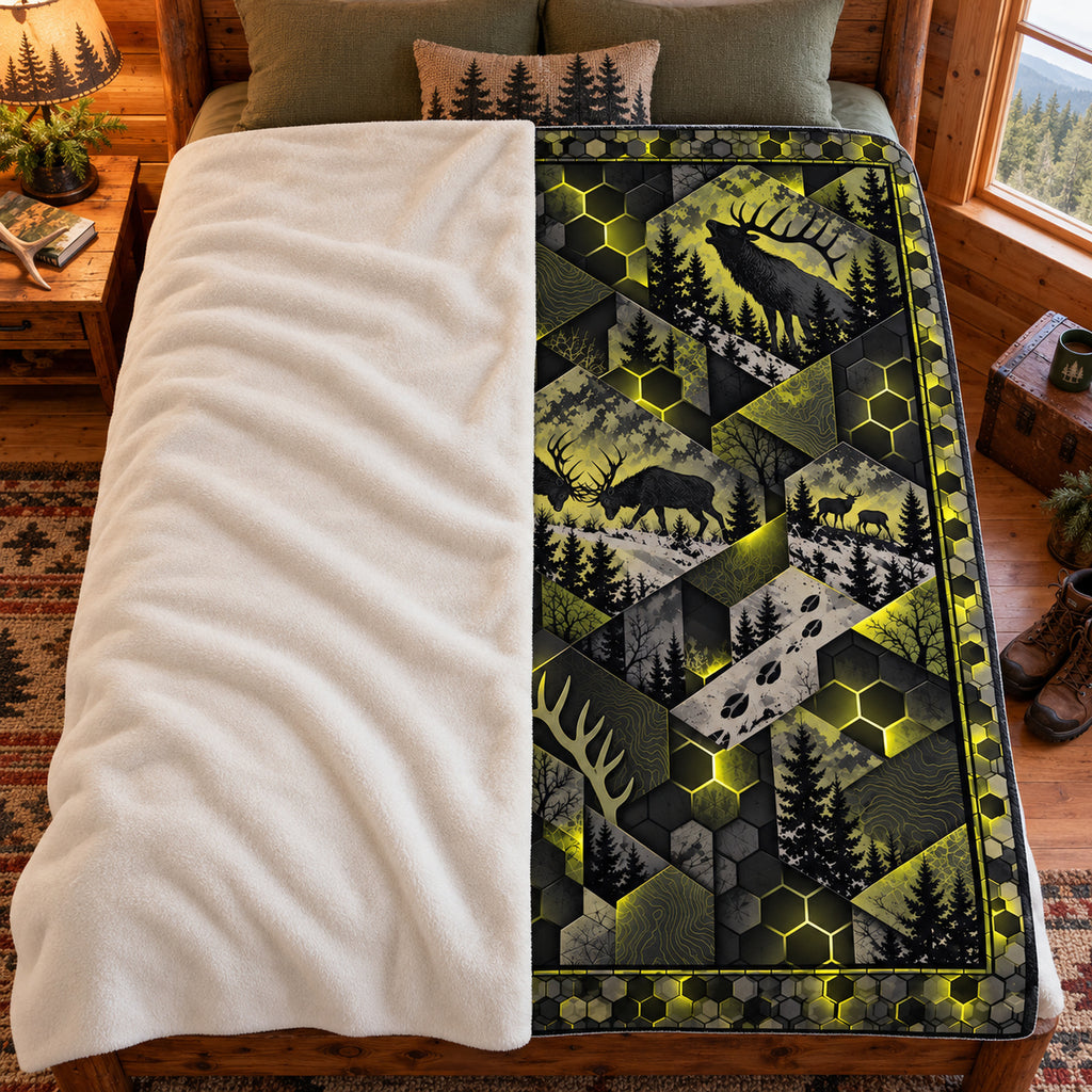 Blanket folded back on a bed, showing the sherpa lining