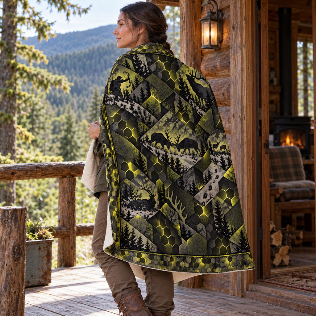 Blanket draped over the shoulders on a cabin porch