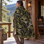 Blanket draped over the shoulders on a cabin porch