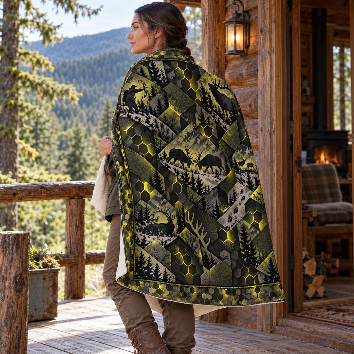 Blanket draped over the shoulders on a cabin porch