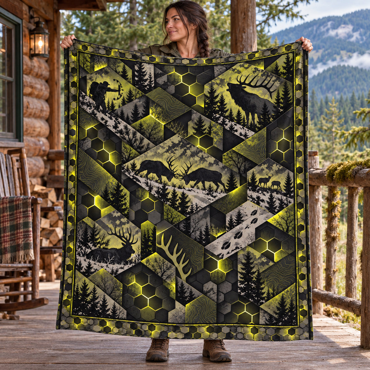 Hunter holding up the hex glow buck camo fleece blanket