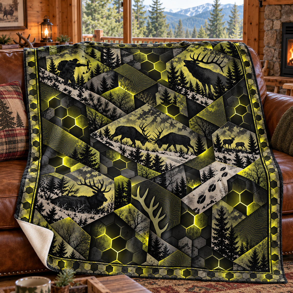 Hex glow buck camo fleece blanket draped over a cabin couch