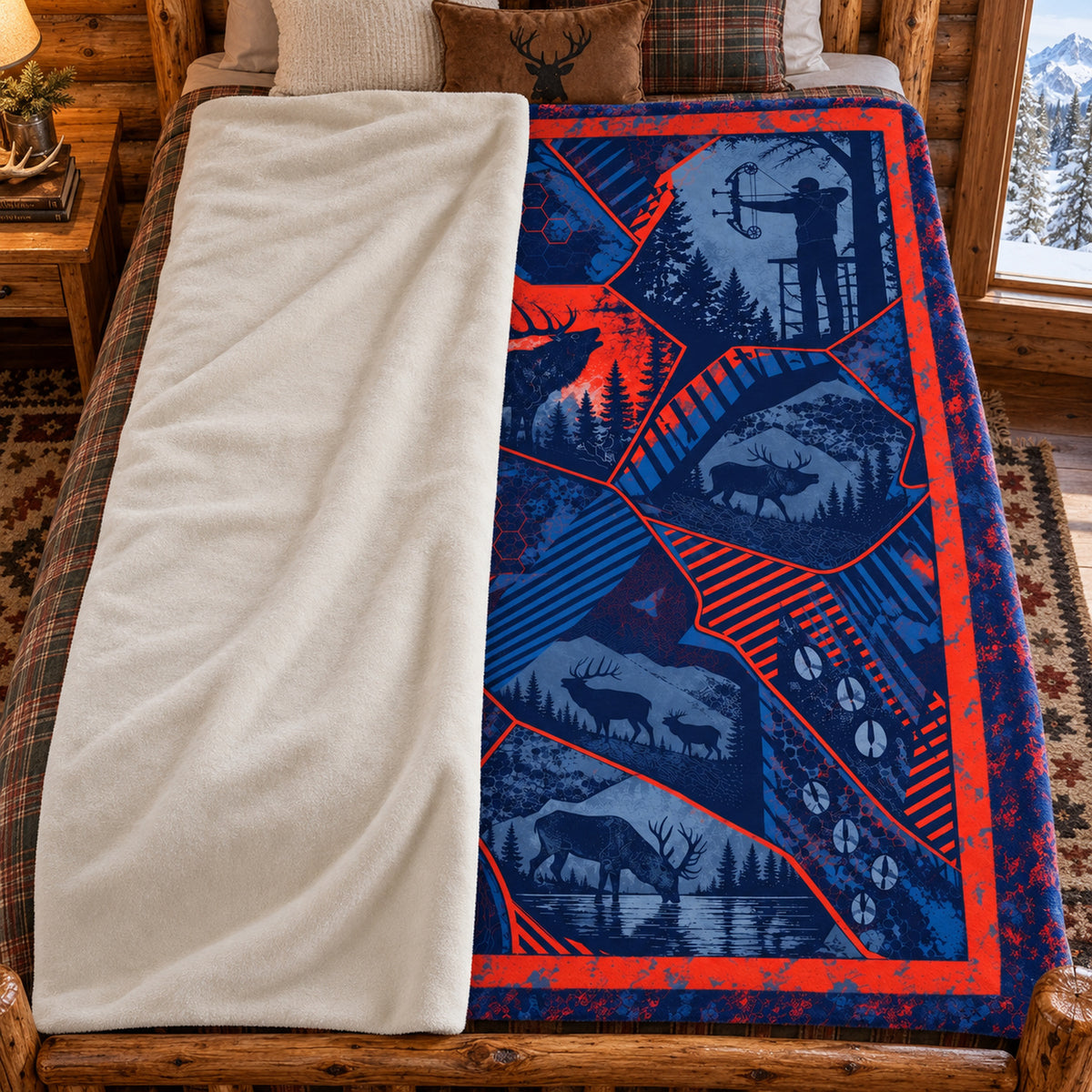 Blanket folded back on a bed, showing the sherpa lining