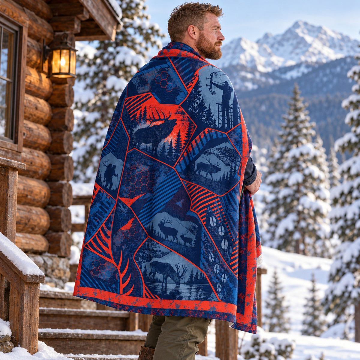 Blanket draped over the shoulders on a cabin porch