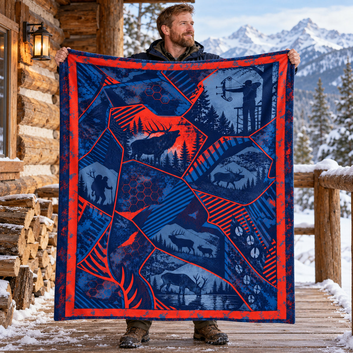 Hunter holding up the red bolt bowhunter fleece blanket