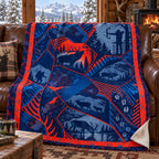 Red bolt bowhunter fleece blanket draped over a cabin couch