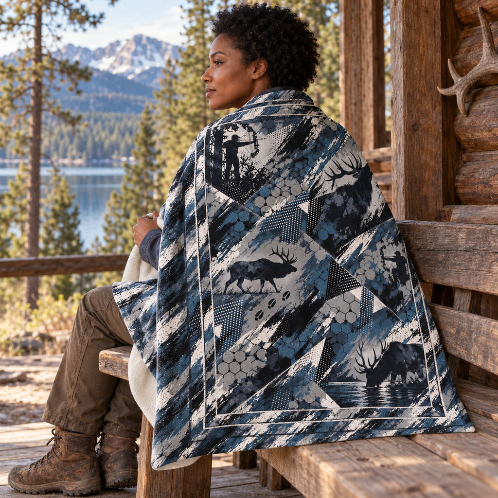 Blanket draped over the shoulders on a cabin porch