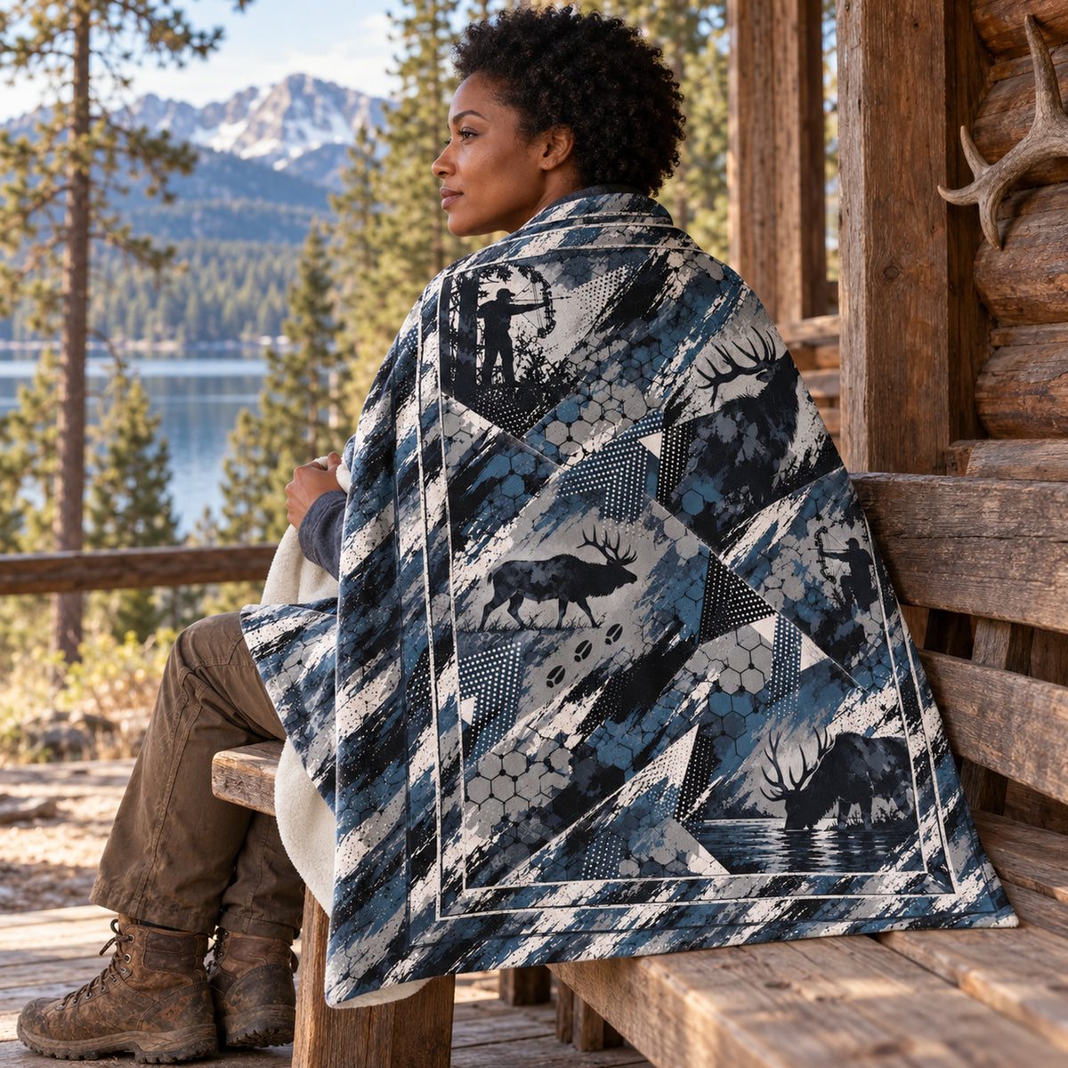 Blanket draped over the shoulders on a cabin porch