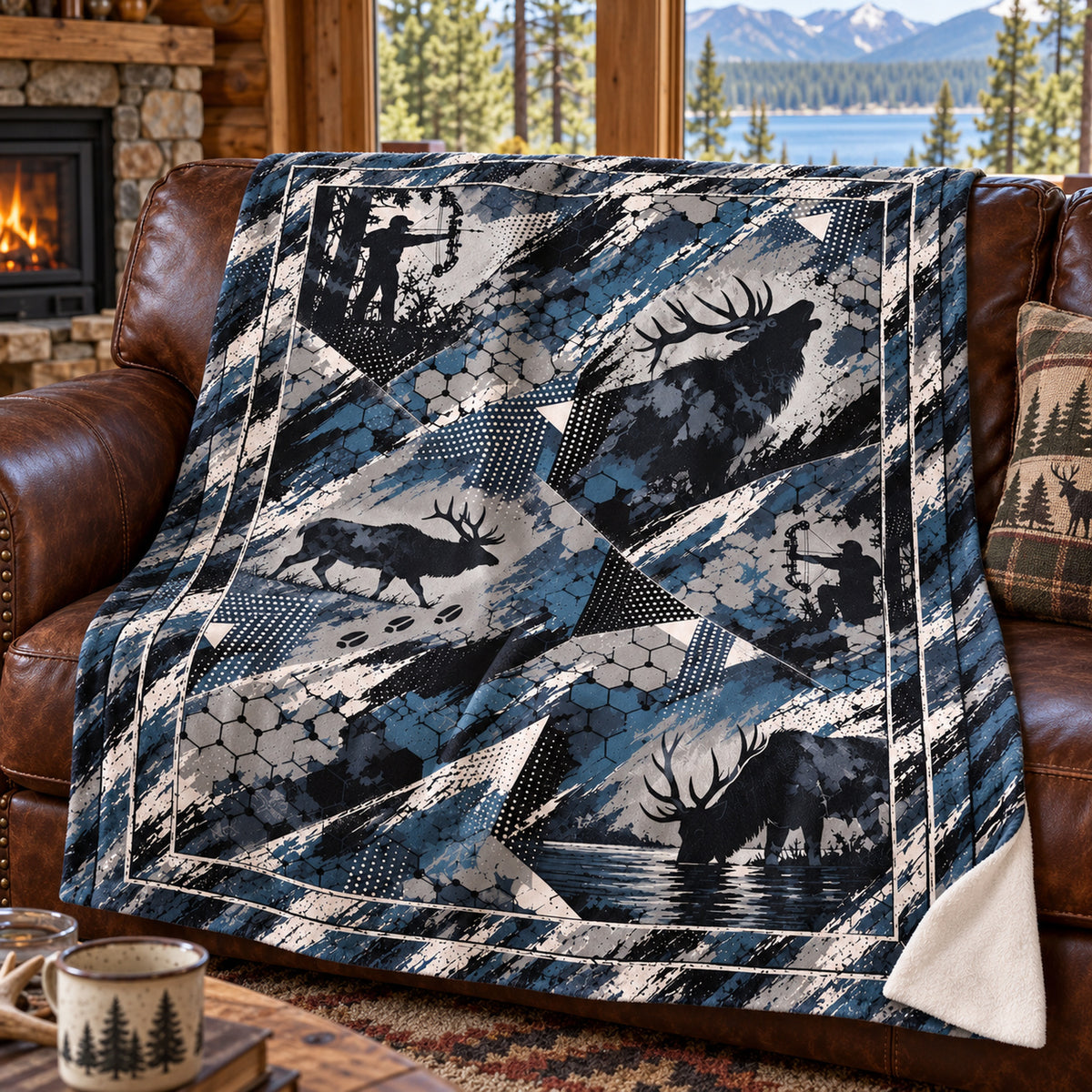 Shard camo bull elk fleece blanket draped over a cabin couch