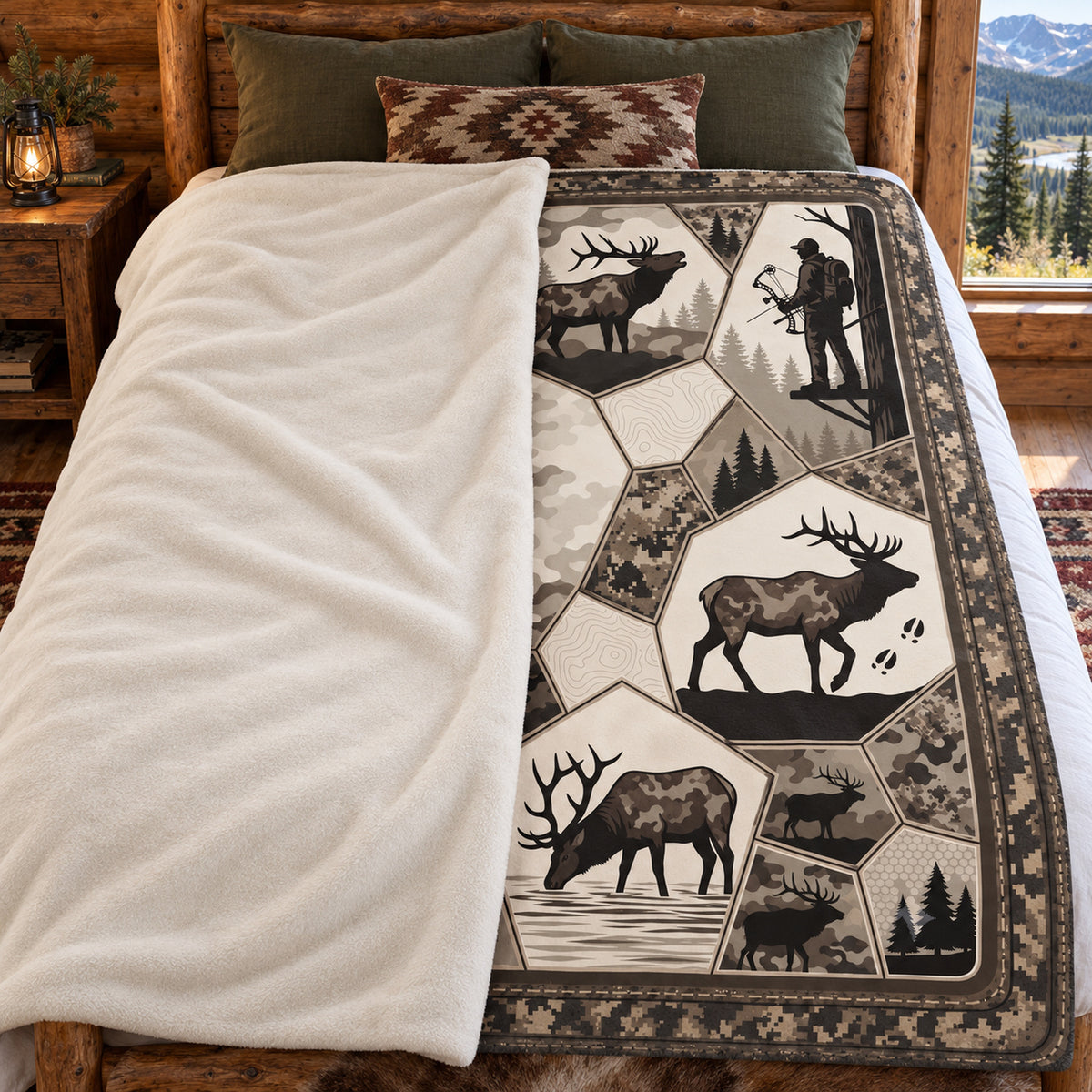 Blanket folded back on a bed, showing the sherpa lining