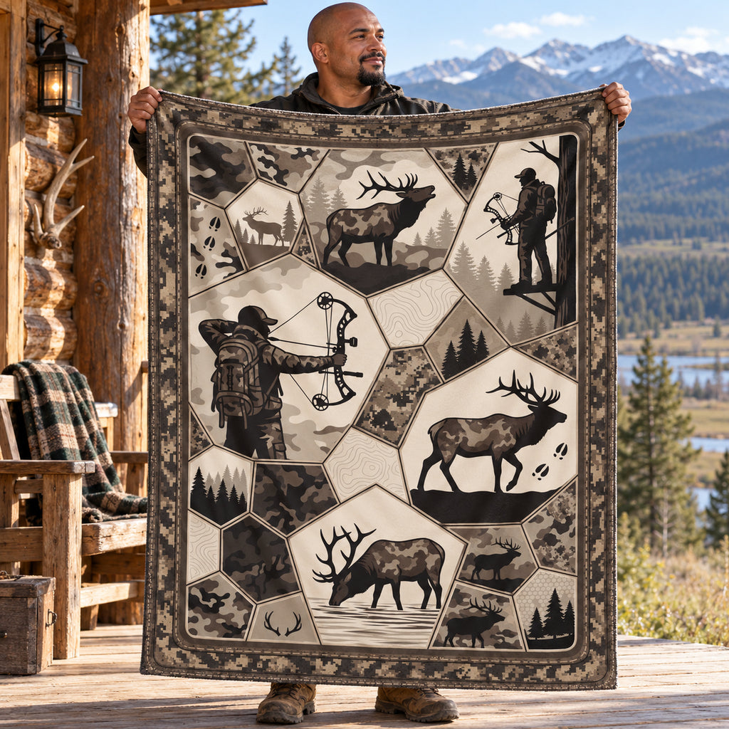 Hunter holding up the cream hex panel bowhunter fleece blanket
