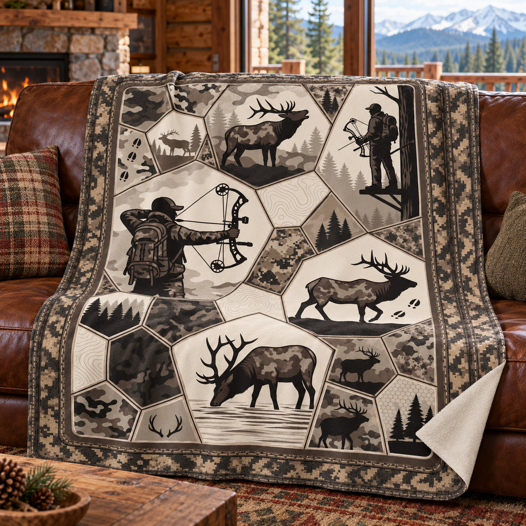 Cream hex panel bowhunter fleece blanket draped over a cabin couch