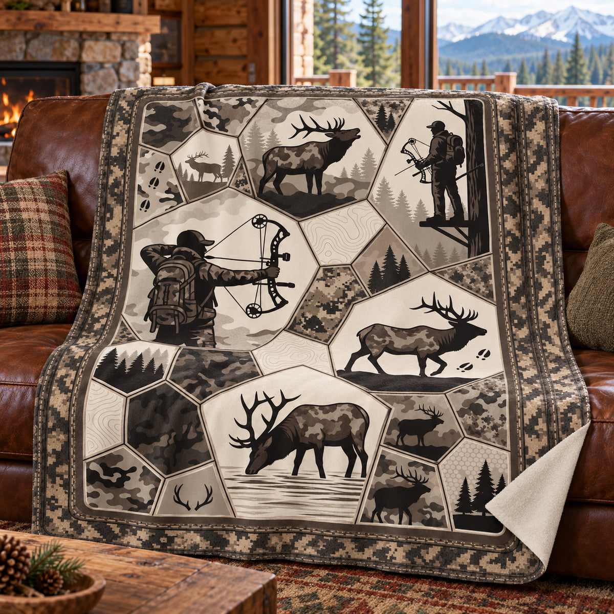 Cream hex panel bowhunter fleece blanket draped over a cabin couch