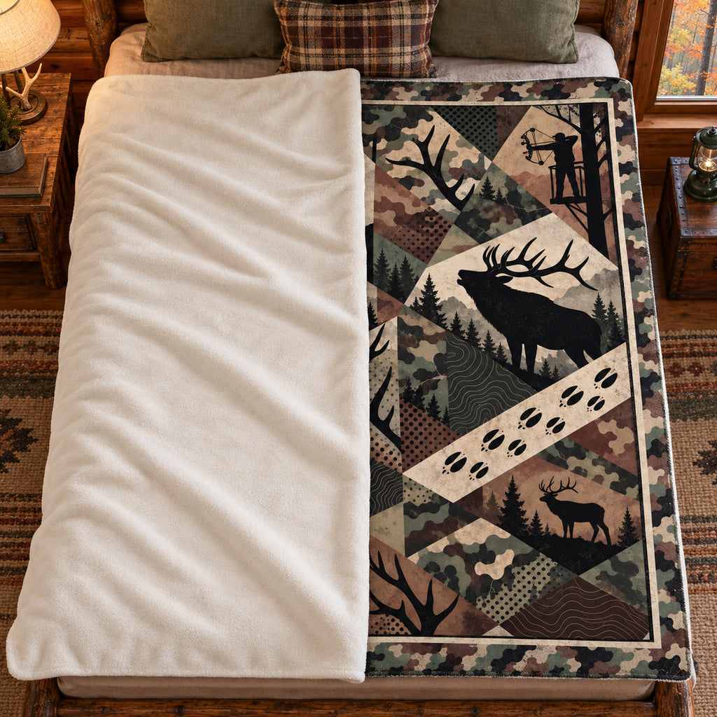 Blanket folded back on a bed, showing the sherpa lining