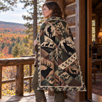 Blanket draped over the shoulders on a cabin porch